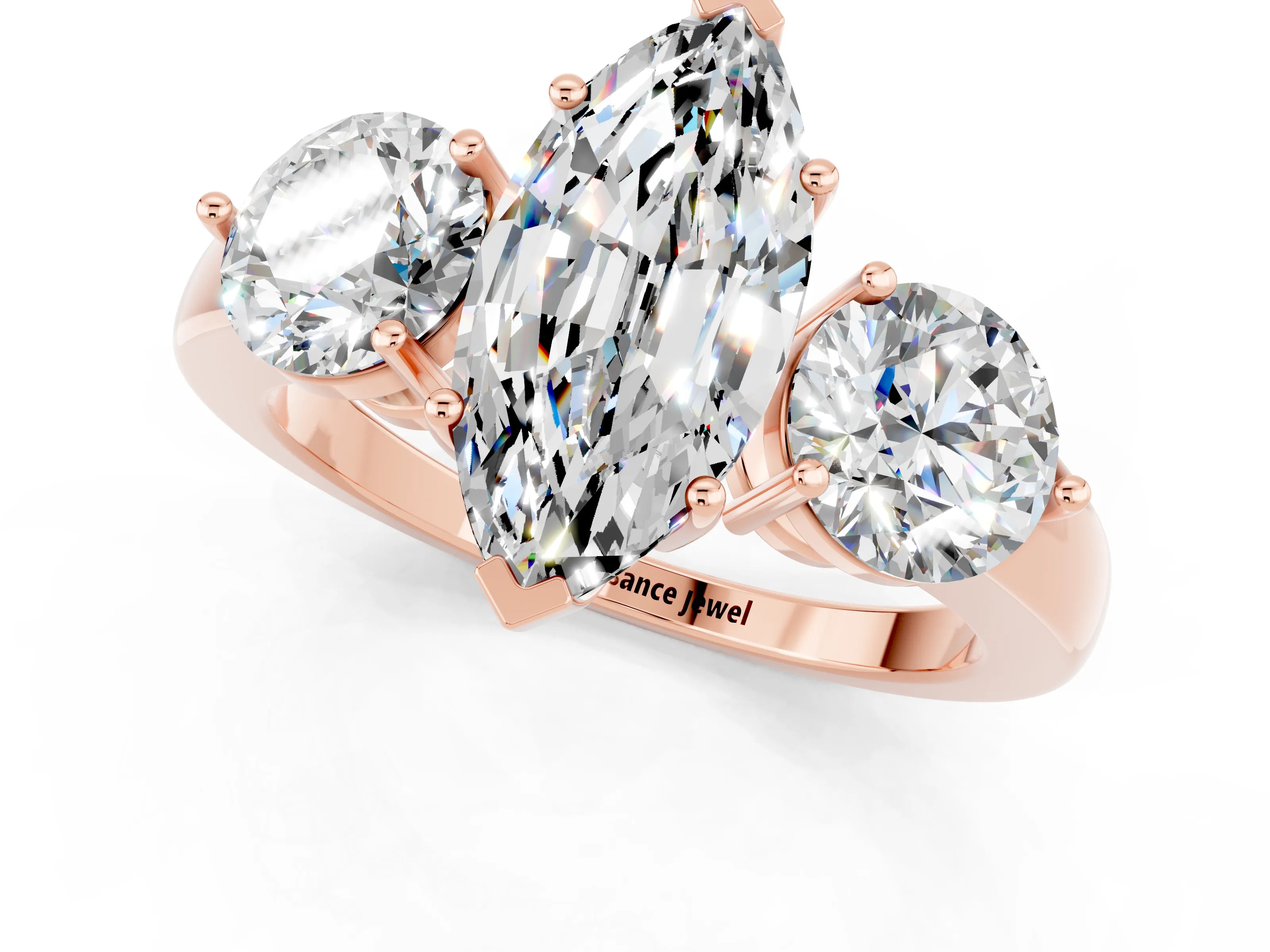 Rose gold Marquise Cut Moissanite Three-Stone Ring with Prong Setting and Classic Band_1