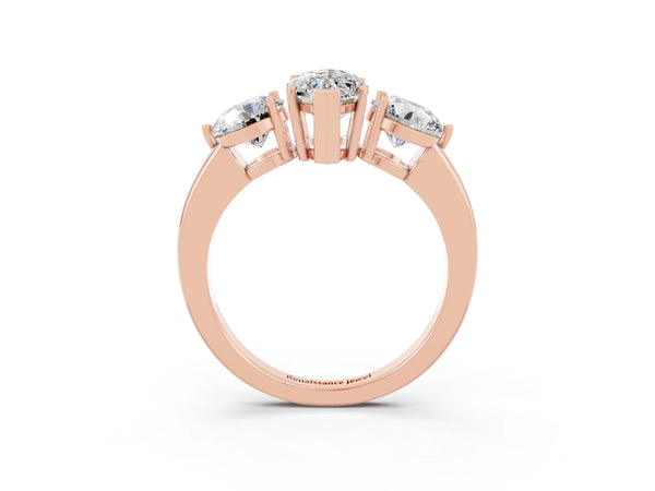 Rose gold Marquise Cut Moissanite Three-Stone Ring with Prong Setting and Classic Band