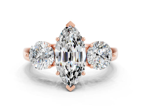 Rose gold Marquise Cut Moissanite Three-Stone Ring with Prong Setting and Classic Band