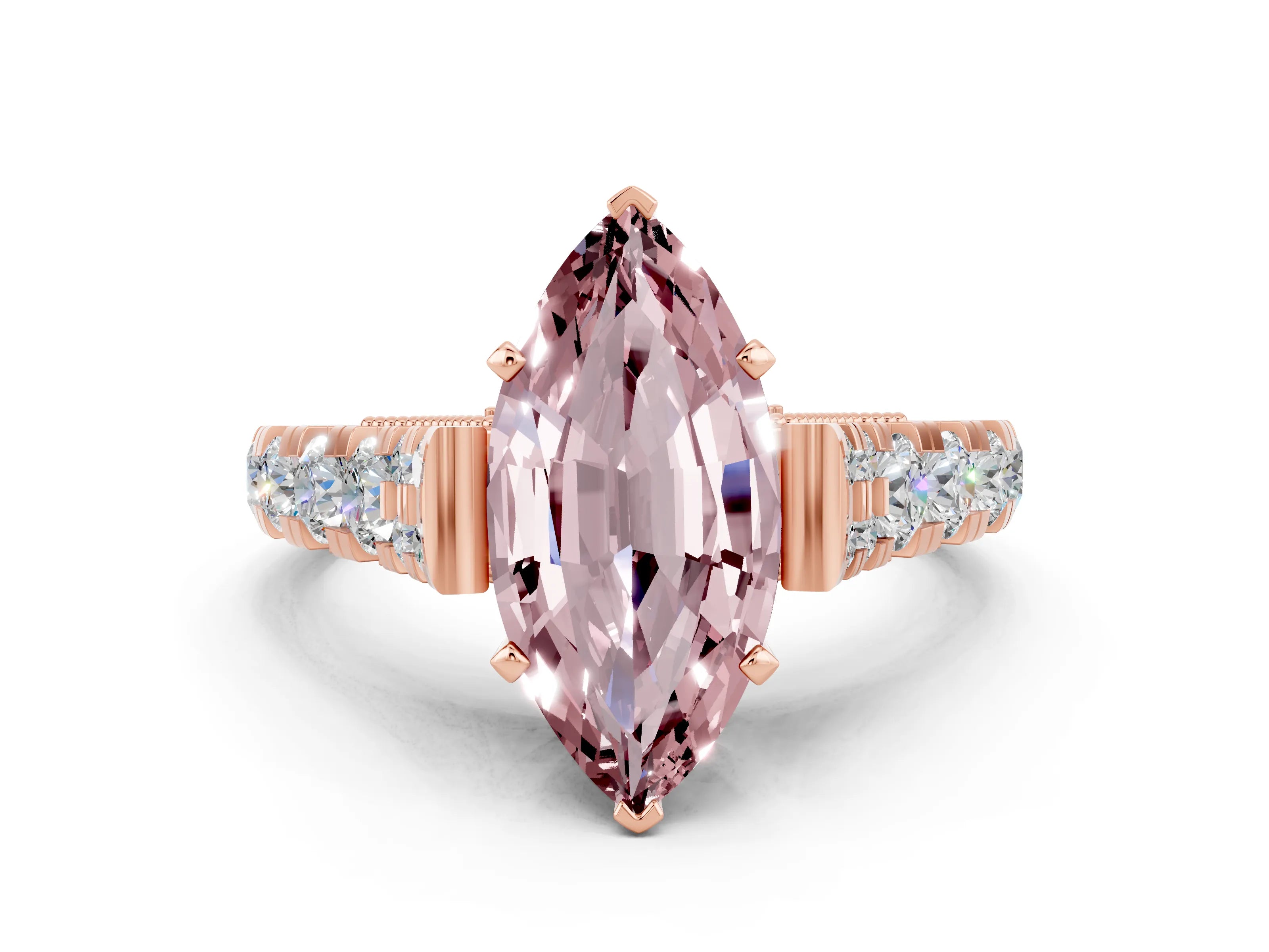 Rose gold Marquise Cut Morganite Classic Solitaire Ring with Pavé Band and Four-Prong Setting