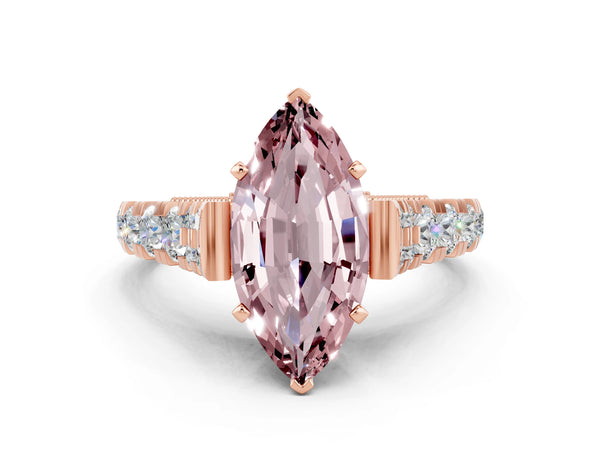 Rose gold Marquise Cut Morganite Classic Solitaire Ring with Pavé Band and Four-Prong Setting
