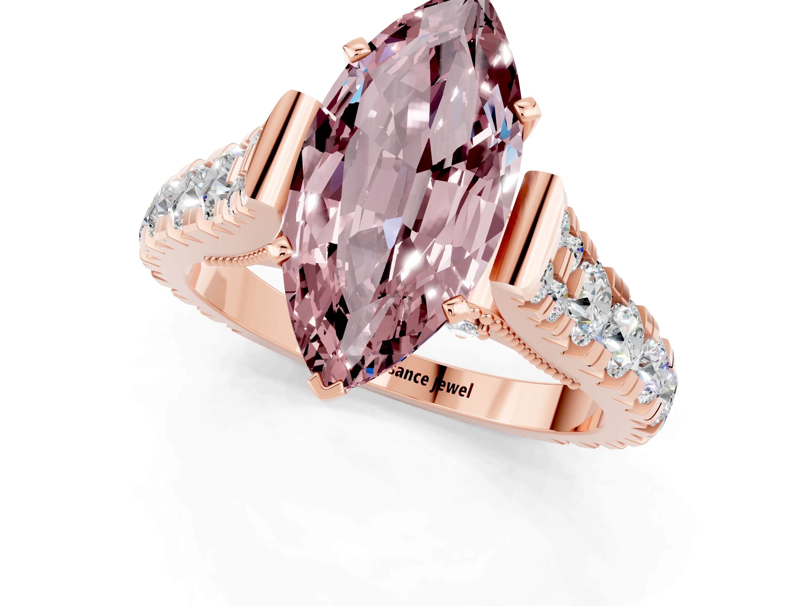 Rose gold Marquise Cut Morganite Classic Solitaire Ring with Pavé Band and Four-Prong Setting_1