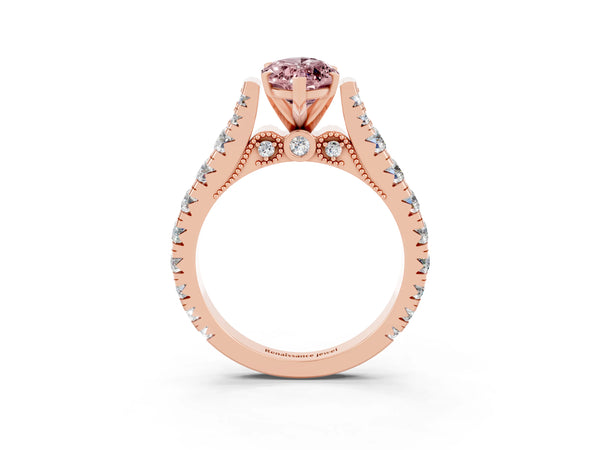 Rose gold Marquise Cut Morganite Classic Solitaire Ring with Pavé Band and Four-Prong Setting