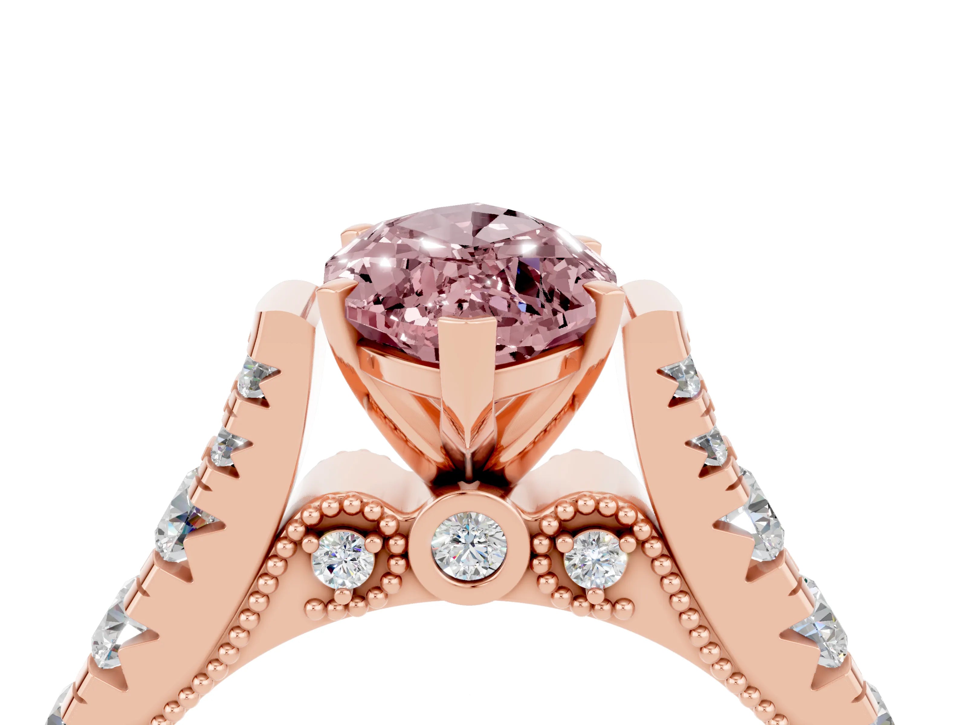 Rose gold Marquise Cut Morganite Classic Solitaire Ring with Pavé Band and Four-Prong Setting_4