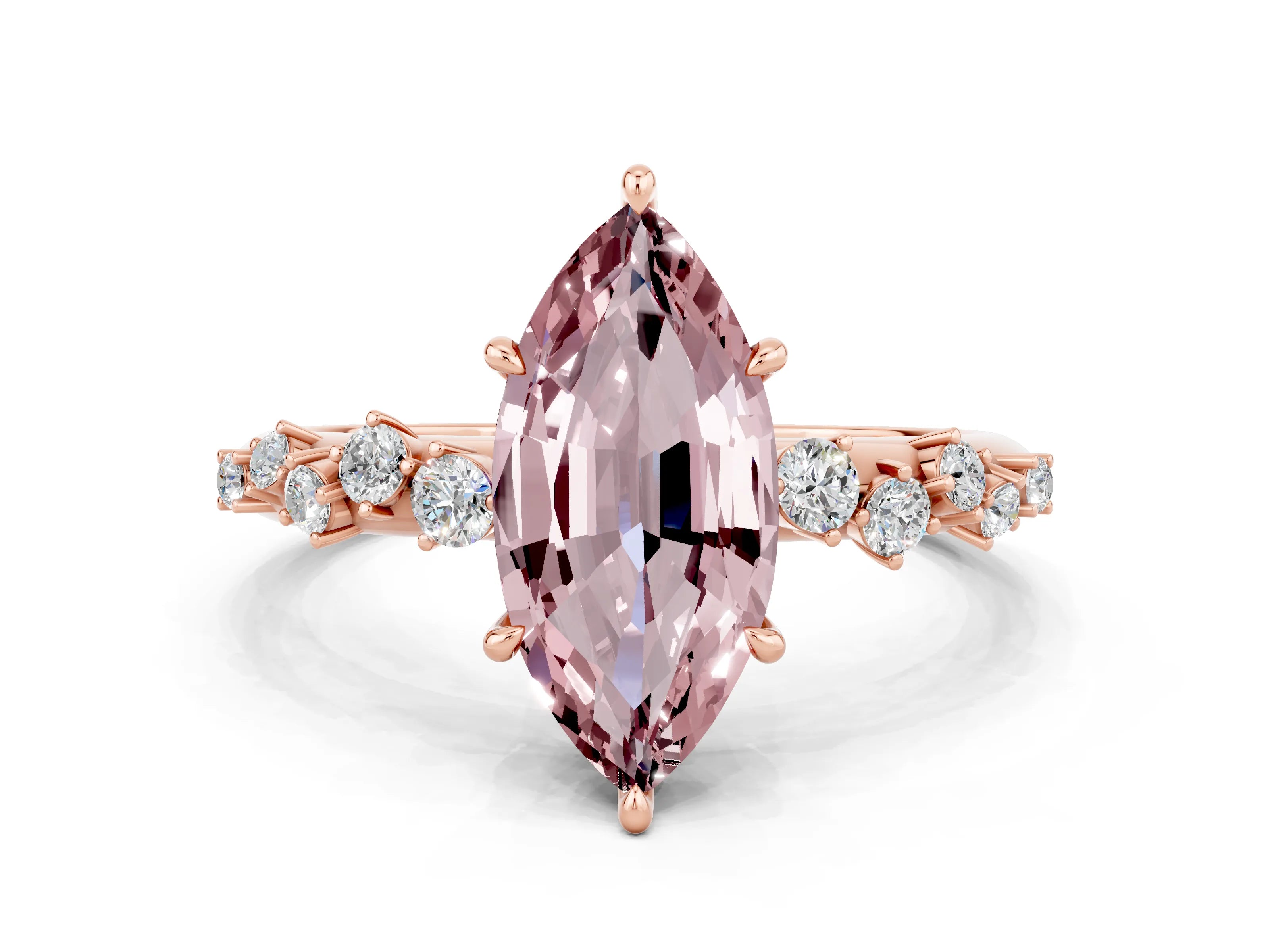 Rose gold Marquise Cut Morganite Cluster Side Stone Solitaire Ring with Prong Setting_24