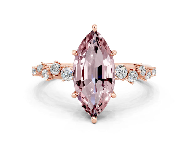 Rose gold Marquise Cut Morganite Cluster Side Stone Solitaire Ring with Prong Setting