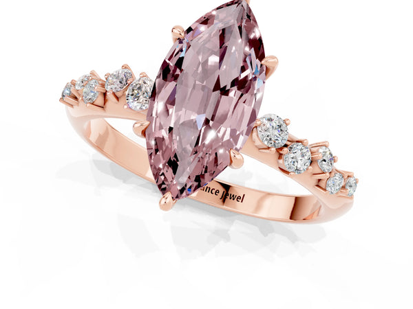 Rose gold Marquise Cut Morganite Cluster Side Stone Solitaire Ring with Prong Setting