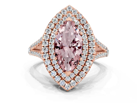 Rose gold Marquise Cut Morganite Double Halo Ring with Pavé Band and Prong Setting_12
