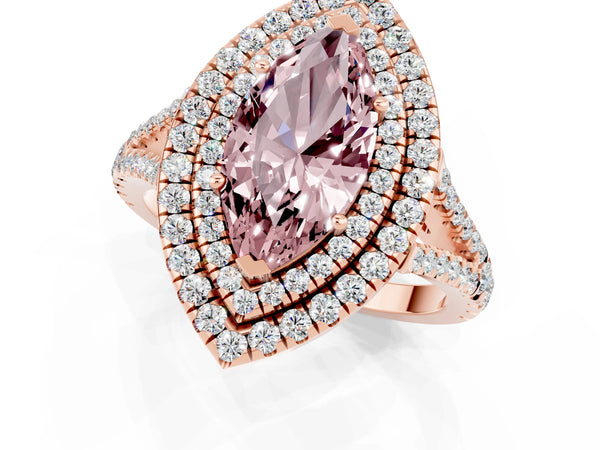 Rose gold Marquise Cut Morganite Double Halo Ring with Pavé Band and Prong Setting