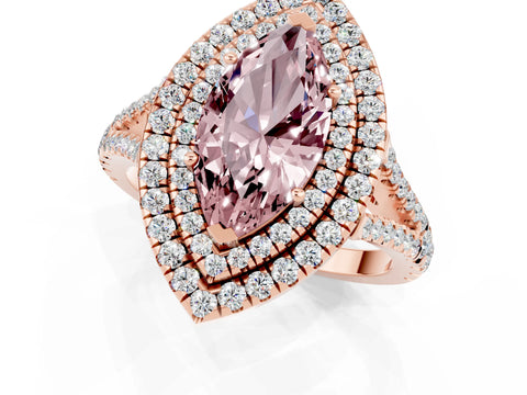 Rose gold Marquise Cut Morganite Double Halo Ring with Pavé Band and Prong Setting_13