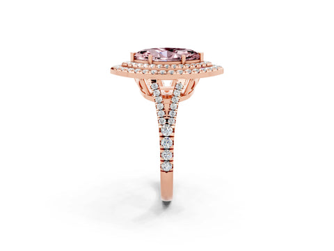 Rose gold Marquise Cut Morganite Double Halo Ring with Pavé Band and Prong Setting_14