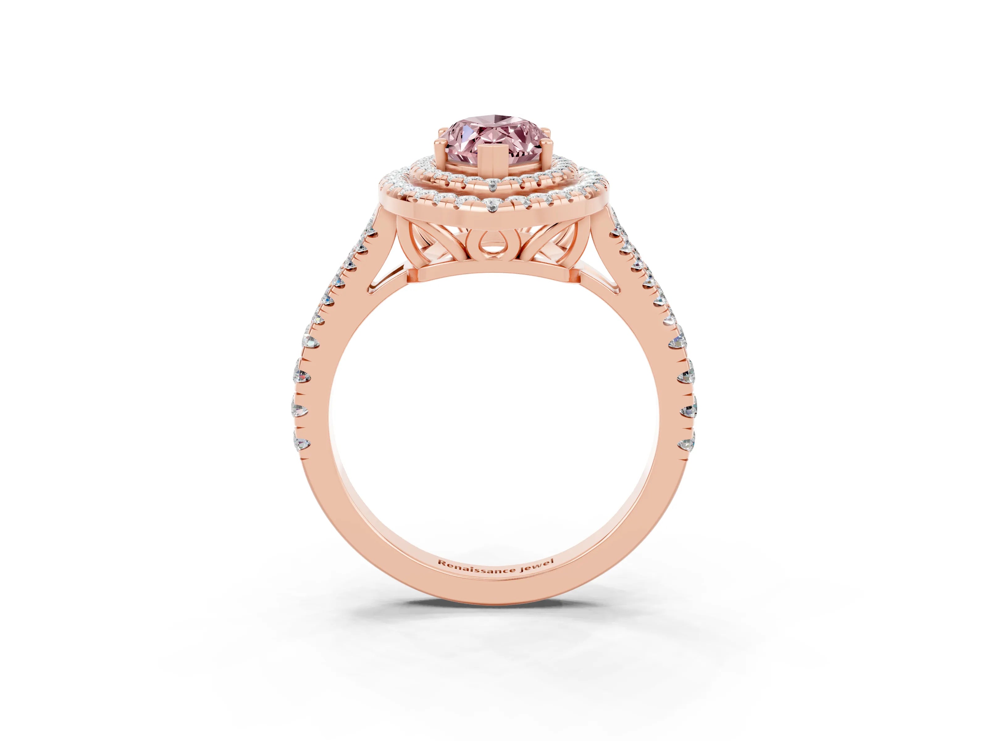 Rose gold Marquise Cut Morganite Double Halo Ring with Pavé Band and Prong Setting_15