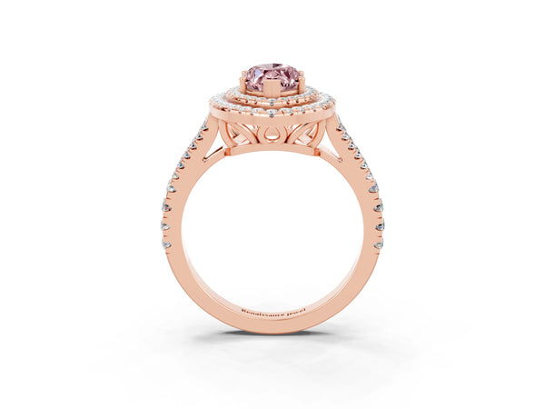 Rose gold Marquise Cut Morganite Double Halo Ring with Pavé Band and Prong Setting