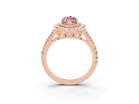 Rose gold Marquise Cut Morganite Double Halo Ring with Pavé Band and Prong Setting_15