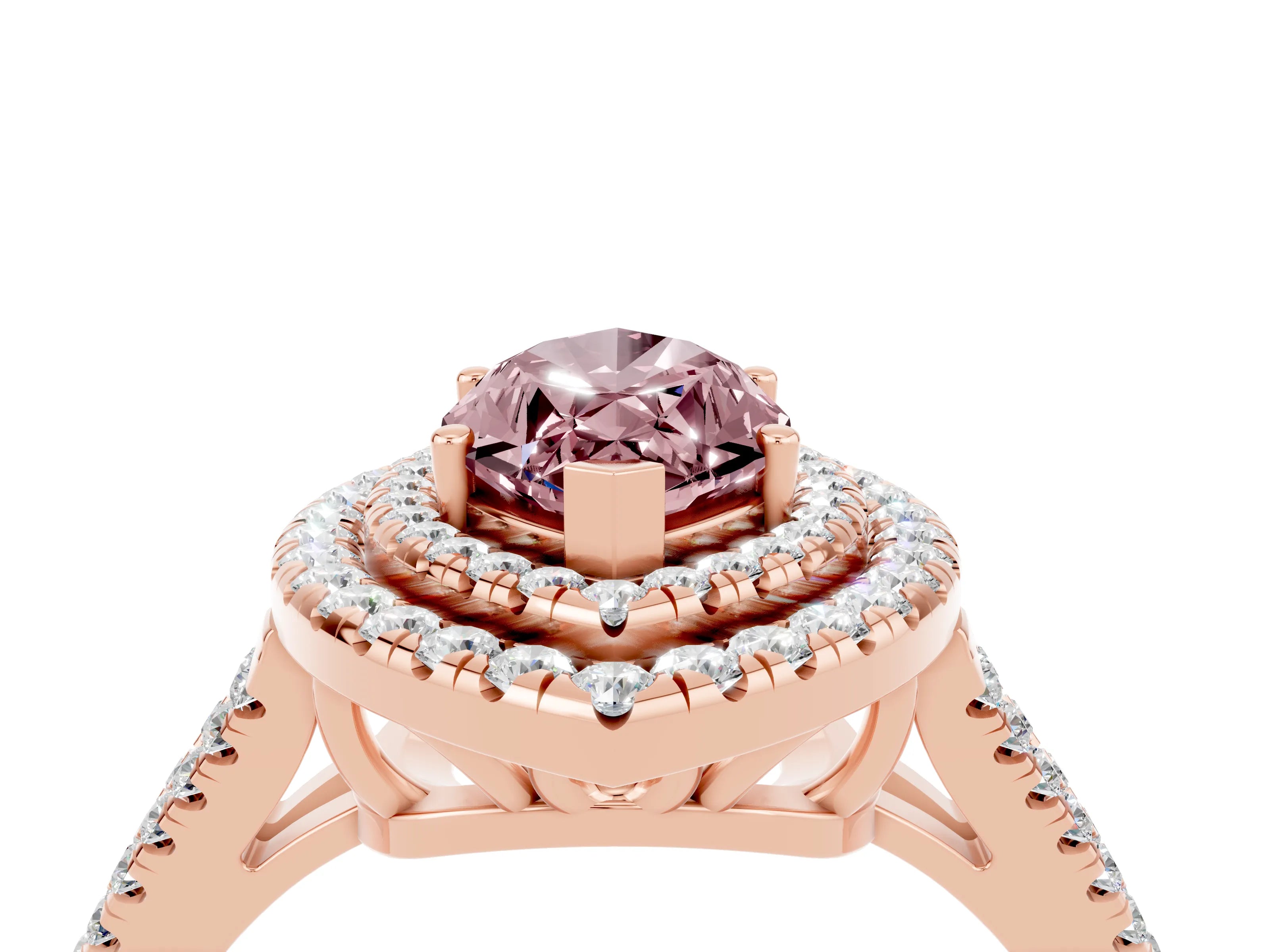 Rose gold Marquise Cut Morganite Double Halo Ring with Pavé Band and Prong Setting_16