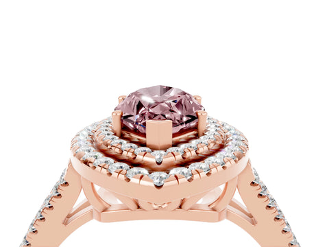 Rose gold Marquise Cut Morganite Double Halo Ring with Pavé Band and Prong Setting_16
