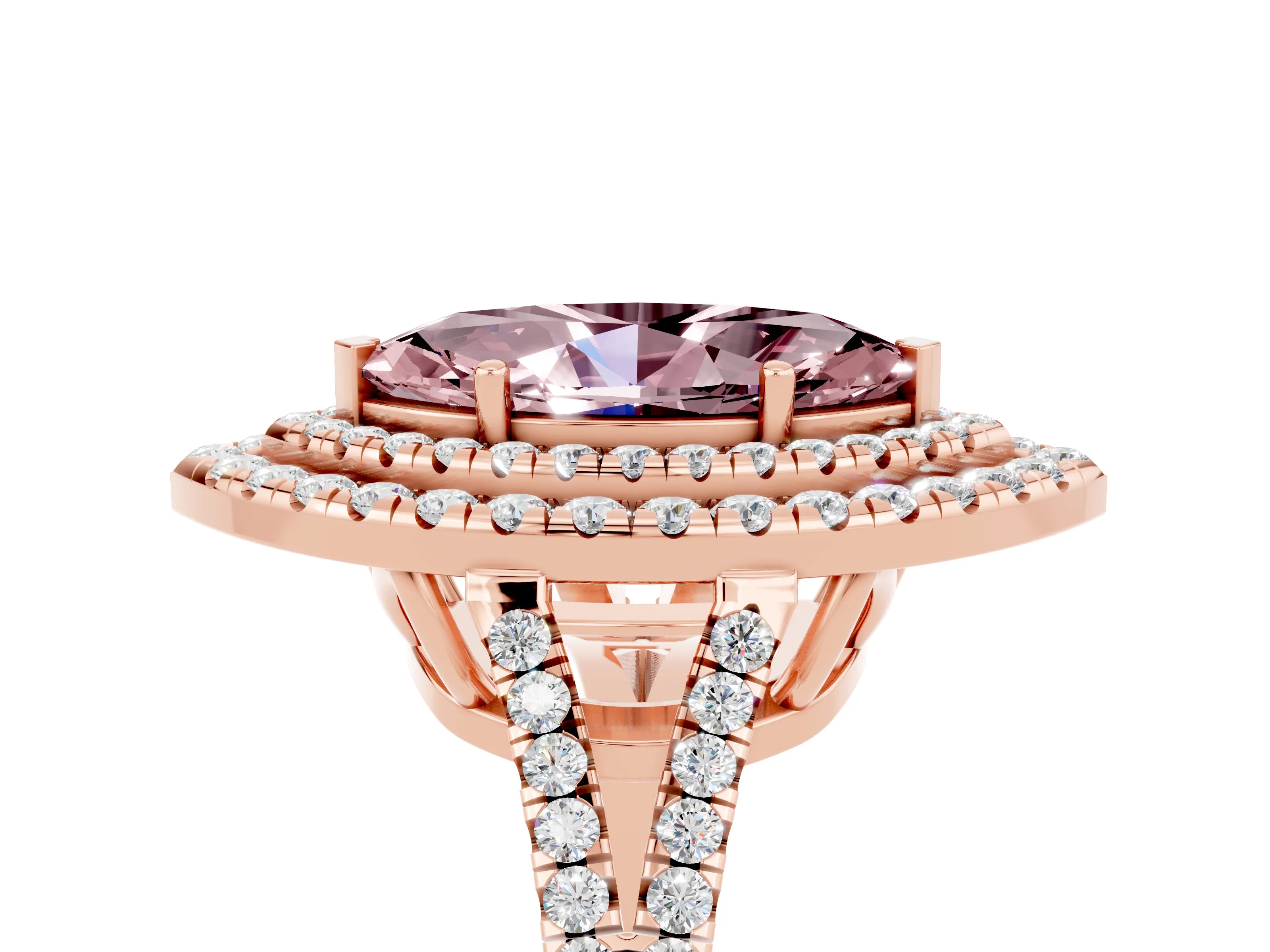 Rose gold Marquise Cut Morganite Double Halo Ring with Pavé Band and Prong Setting_17