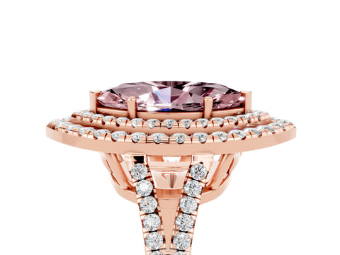 Rose gold Marquise Cut Morganite Double Halo Ring with Pavé Band and Prong Setting_17