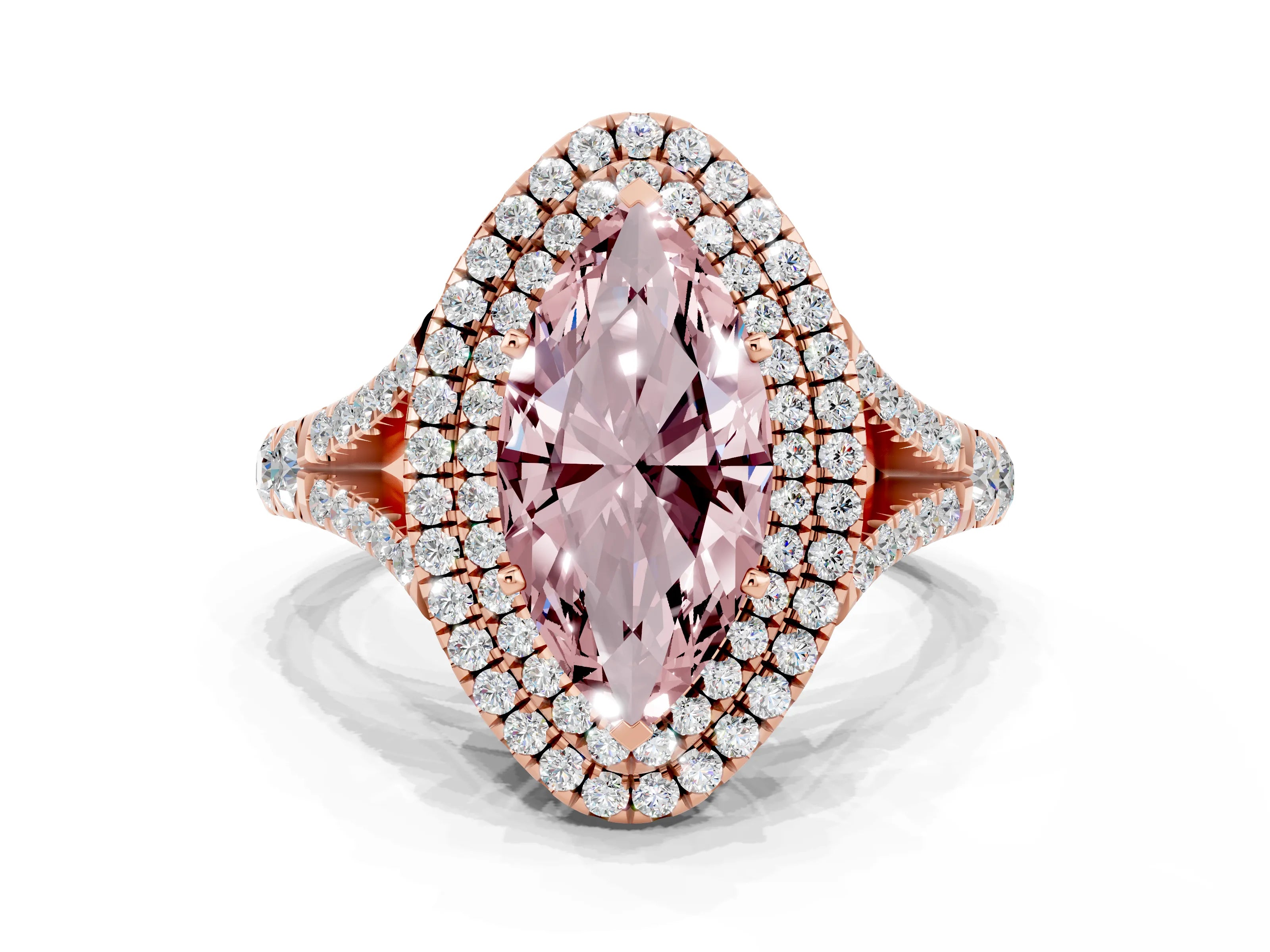 Rose gold Marquise Cut Morganite Double Halo Ring with Split Shank and Prong Setting_12