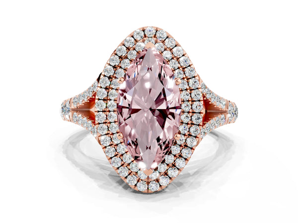 Rose gold Marquise Cut Morganite Double Halo Ring with Split Shank and Prong Setting