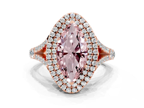 Rose gold Marquise Cut Morganite Double Halo Ring with Split Shank and Prong Setting_12