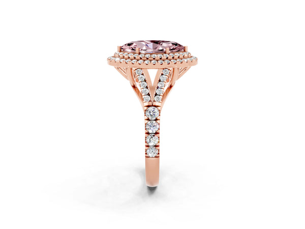 Rose gold Marquise Cut Morganite Double Halo Ring with Split Shank and Prong Setting