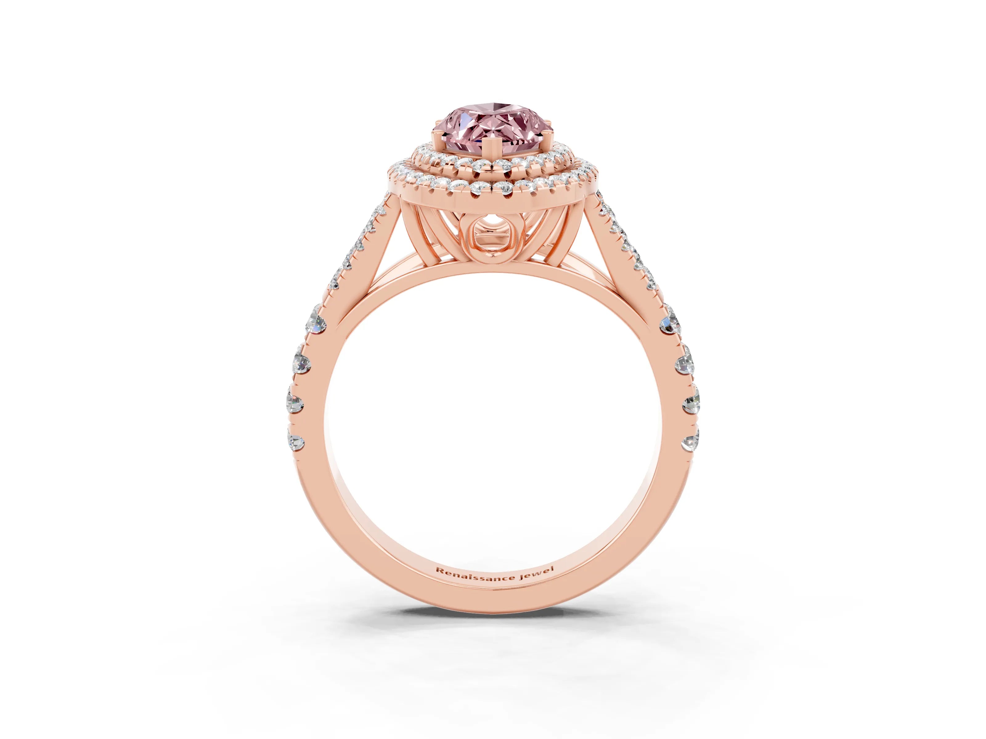 Rose gold Marquise Cut Morganite Double Halo Ring with Split Shank and Prong Setting_15