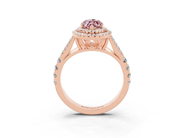 Rose gold Marquise Cut Morganite Double Halo Ring with Split Shank and Prong Setting