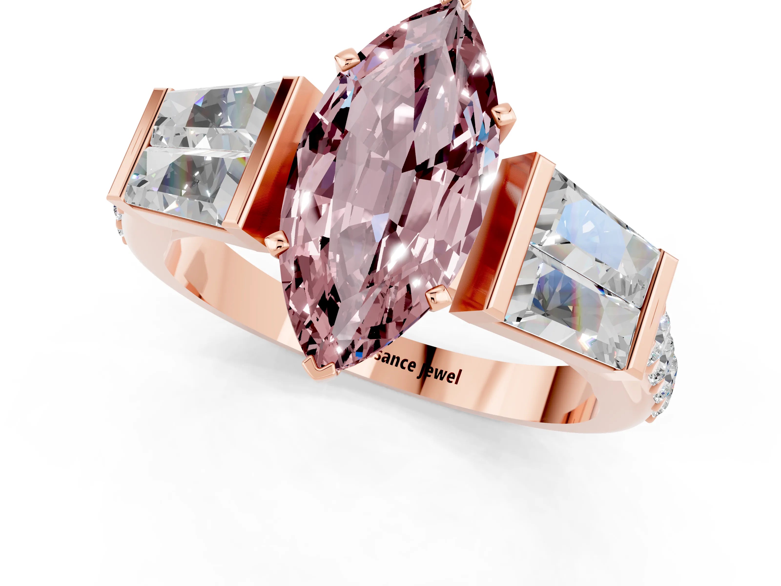 Rose gold Marquise Cut Morganite Engagement Ring with Baguette Side Stones and Channel Set Band_1
