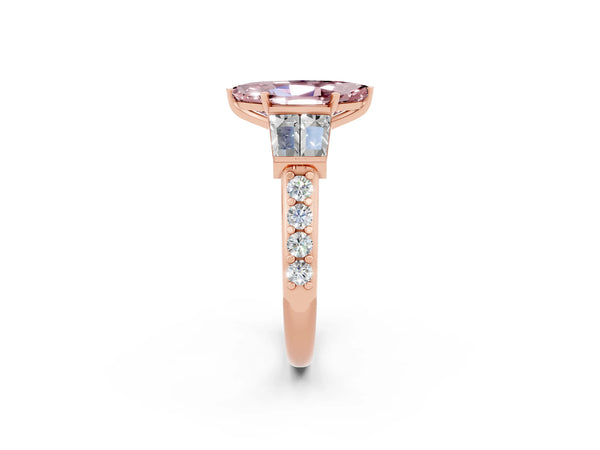 Rose gold Marquise Cut Morganite Engagement Ring with Baguette Side Stones and Channel Set Band