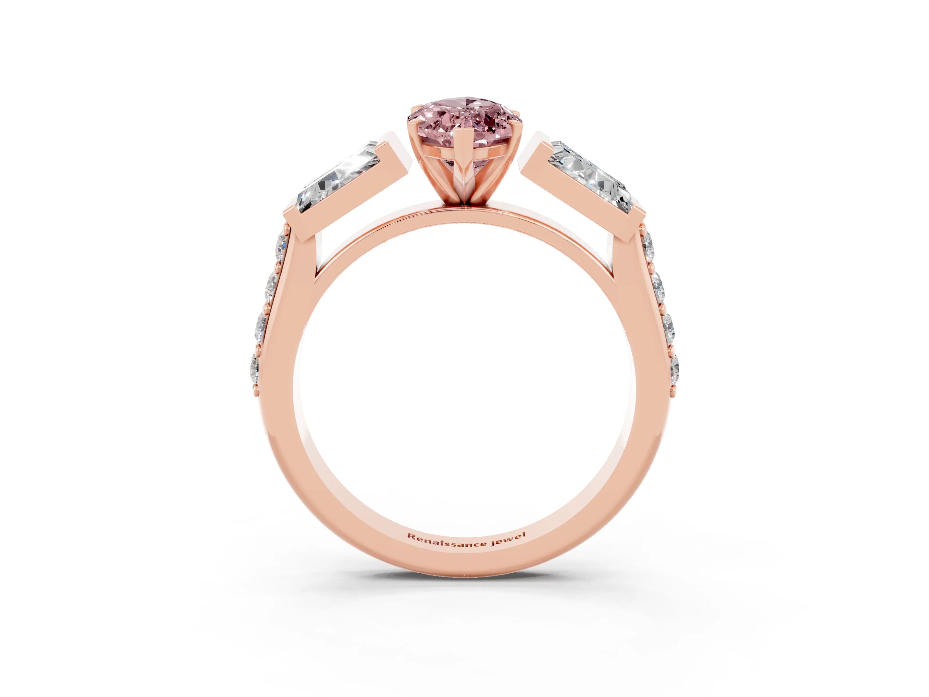 Rose gold Marquise Cut Morganite Engagement Ring with Baguette Side Stones and Channel Set Band_3