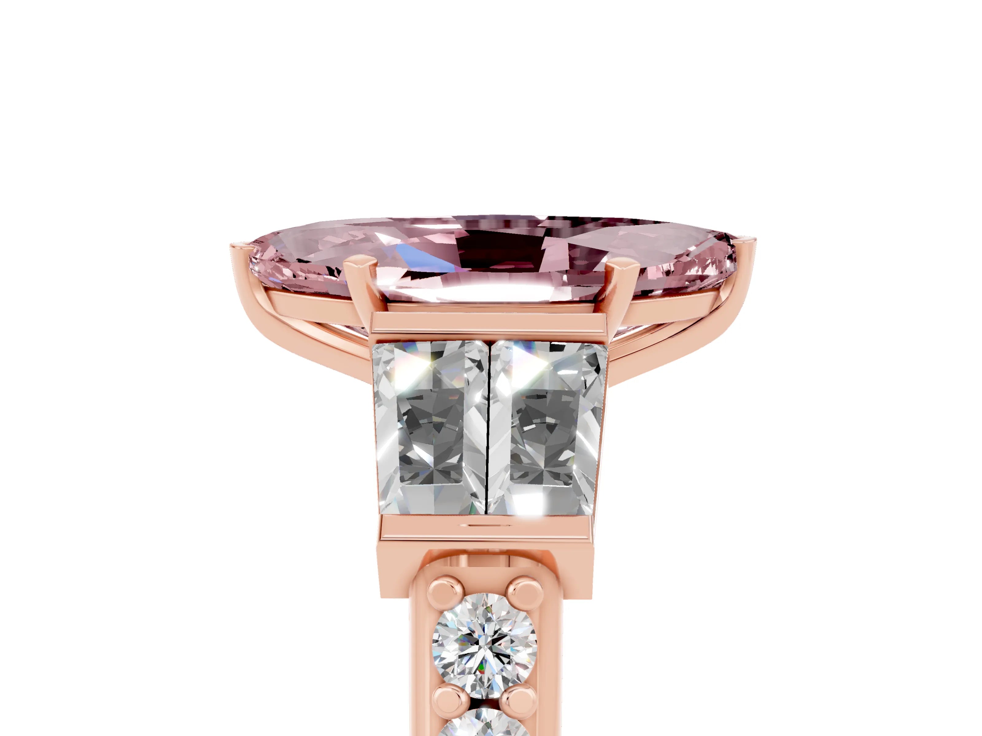 Rose gold Marquise Cut Morganite Engagement Ring with Baguette Side Stones and Channel Set Band_5