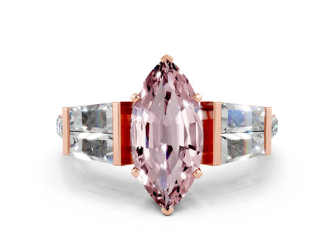 Rose gold Marquise Cut Morganite Engagement Ring with Baguette Side Stones and Channel Set Band