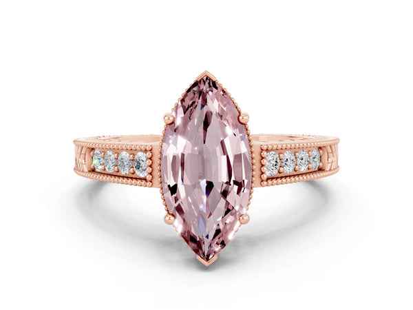 Rose gold Marquise Cut Morganite Engagement Ring with Milgrain Channel Set Band and Prong Setting