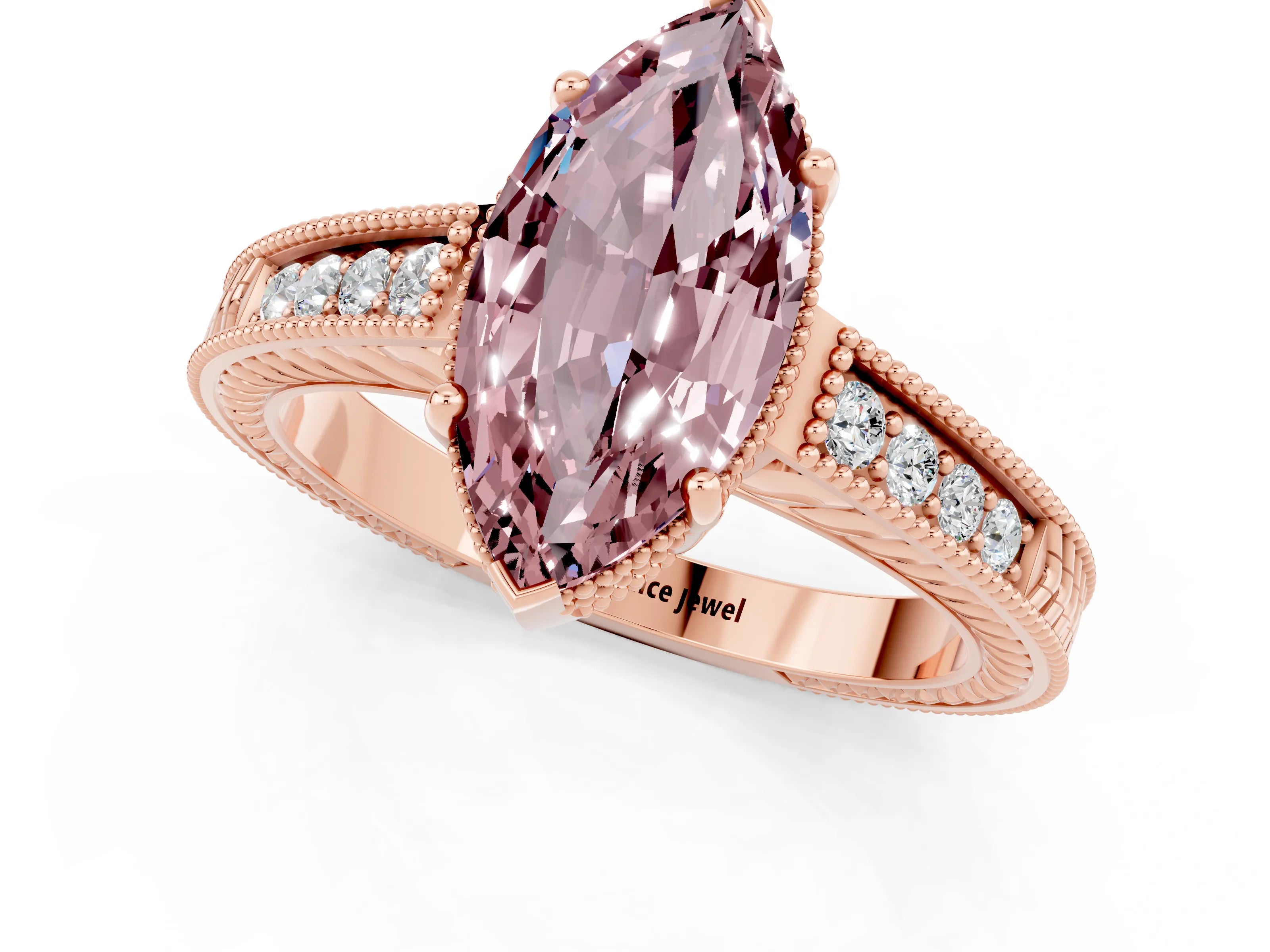 Rose gold Marquise Cut Morganite Engagement Ring with Milgrain Channel Set Band and Prong Setting_1