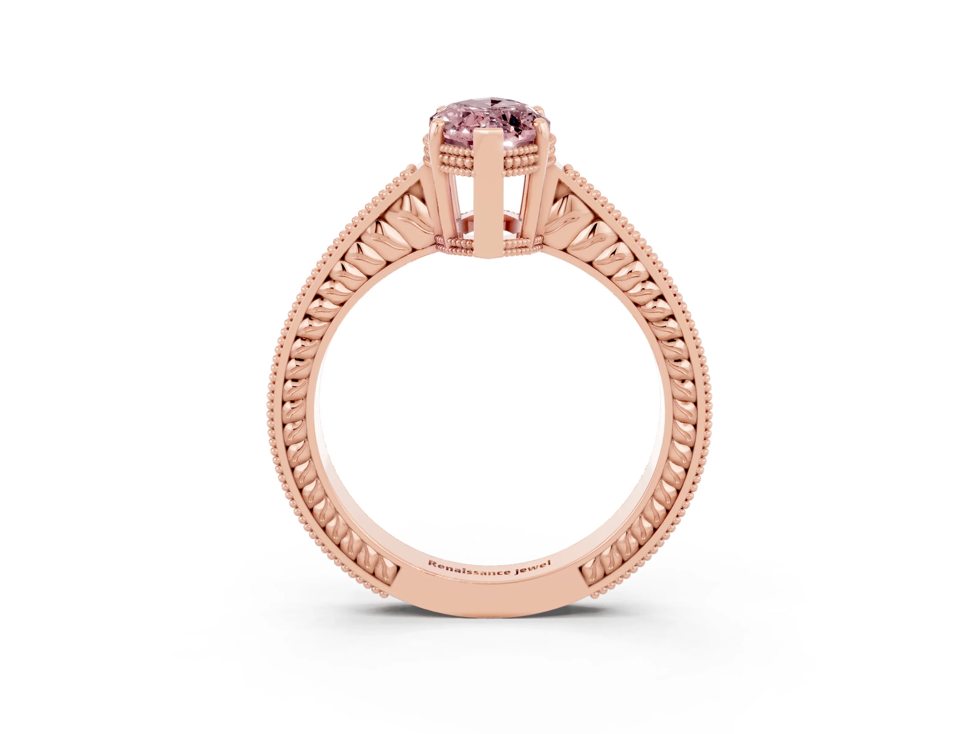 Rose gold Marquise Cut Morganite Engagement Ring with Milgrain Channel Set Band and Prong Setting_3
