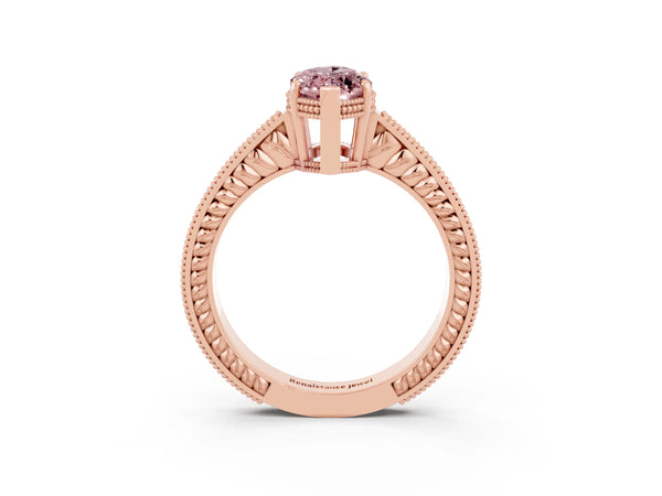 Rose gold Marquise Cut Morganite Engagement Ring with Milgrain Channel Set Band and Prong Setting