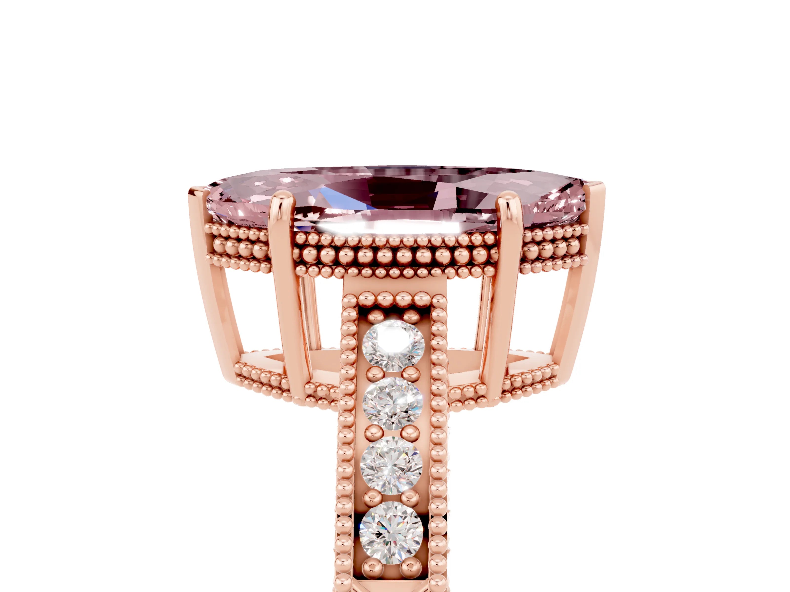 Rose gold Marquise Cut Morganite Engagement Ring with Milgrain Channel Set Band and Prong Setting_5
