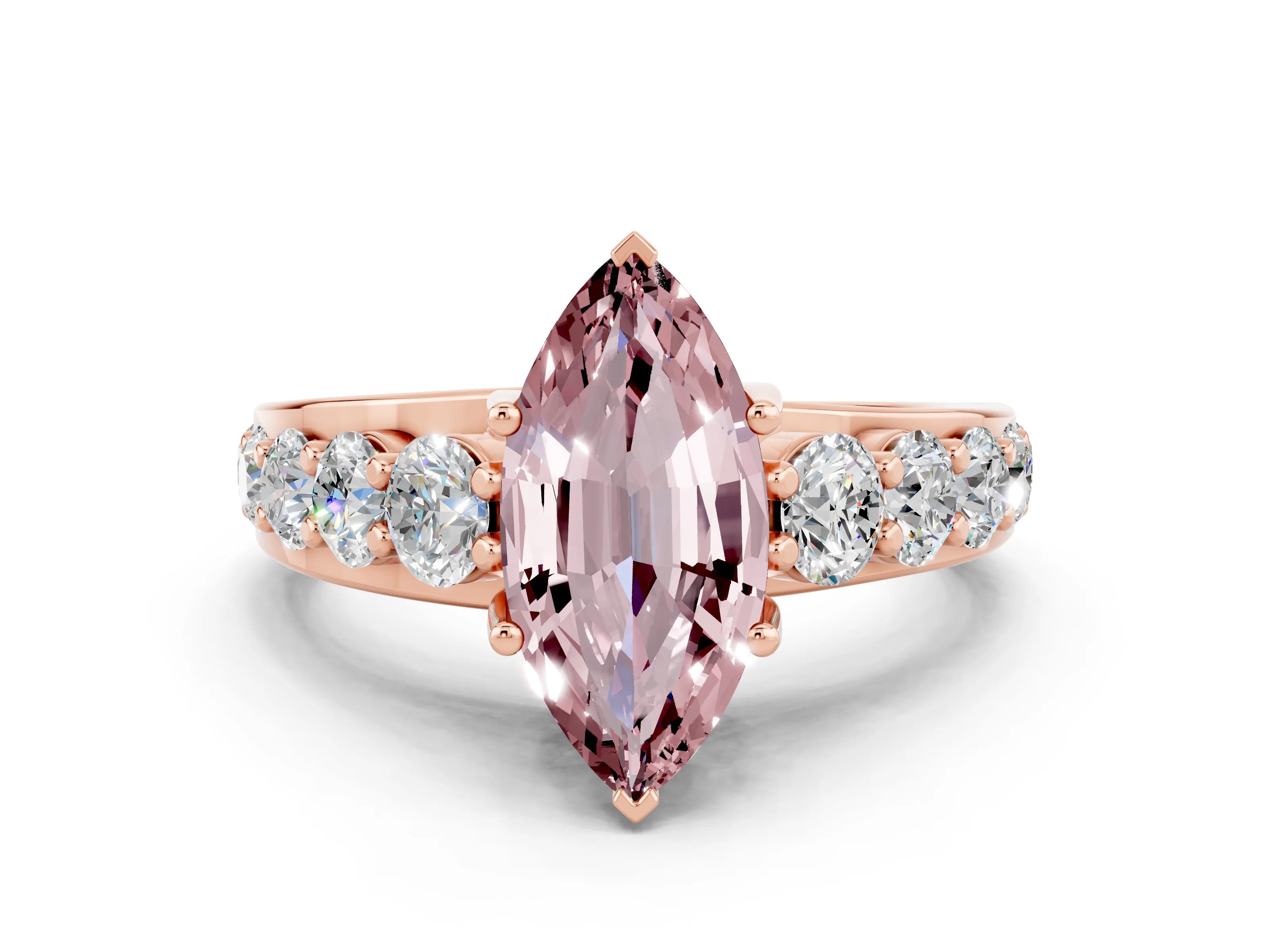 Rose gold Marquise Cut Morganite Engagement Ring with Pavé Band and Four-Prong Setting