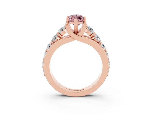 Rose gold Marquise Cut Morganite Engagement Ring with Pavé Band and Four-Prong Setting