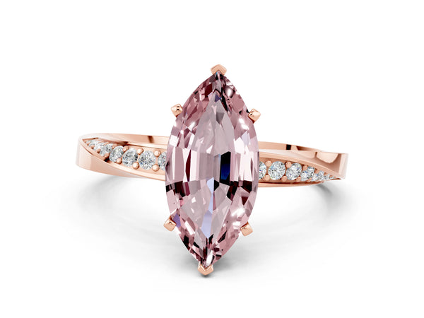 Rose gold Marquise Cut Morganite Engagement Ring with Side Stone Accents and Four-Prong Setting