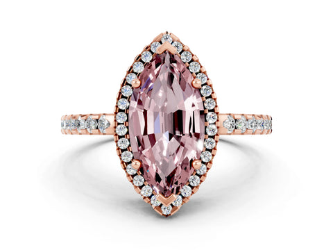 Rose gold Marquise Cut Morganite Halo Engagement Ring with Pavé Band and Prong Setting_12