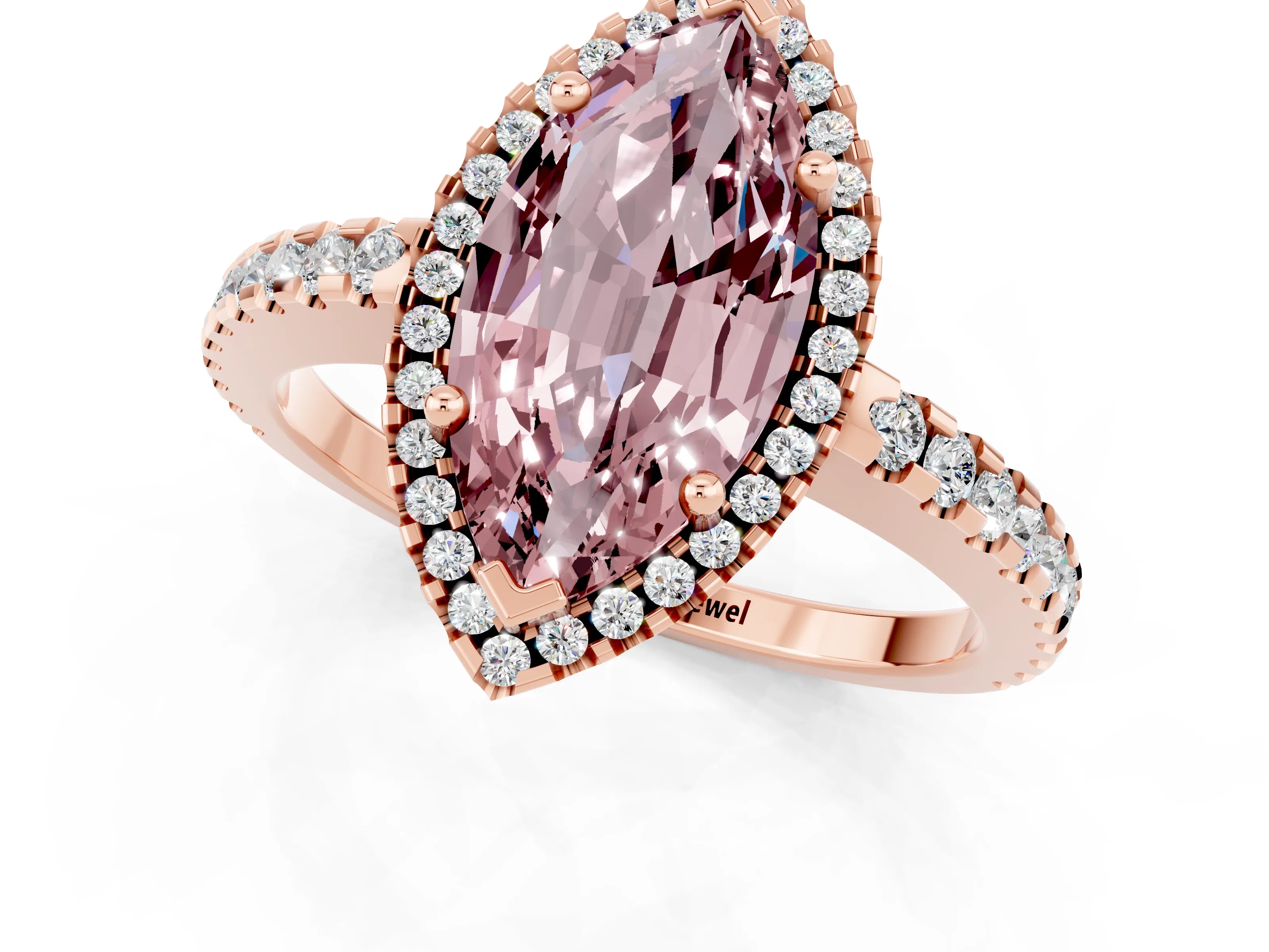 Rose gold Marquise Cut Morganite Halo Engagement Ring with Pavé Band and Prong Setting_13