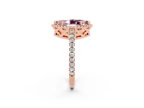 Rose gold Marquise Cut Morganite Halo Engagement Ring with Pavé Band and Prong Setting