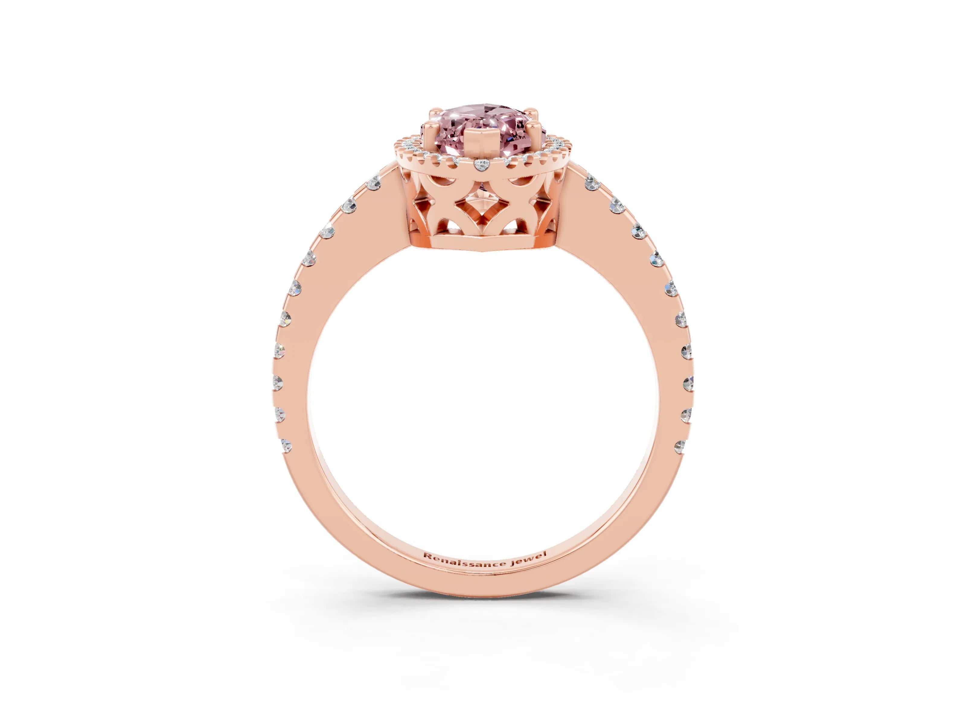 Rose gold Marquise Cut Morganite Halo Engagement Ring with Pavé Band and Prong Setting_15