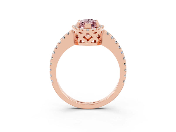 Rose gold Marquise Cut Morganite Halo Engagement Ring with Pavé Band and Prong Setting