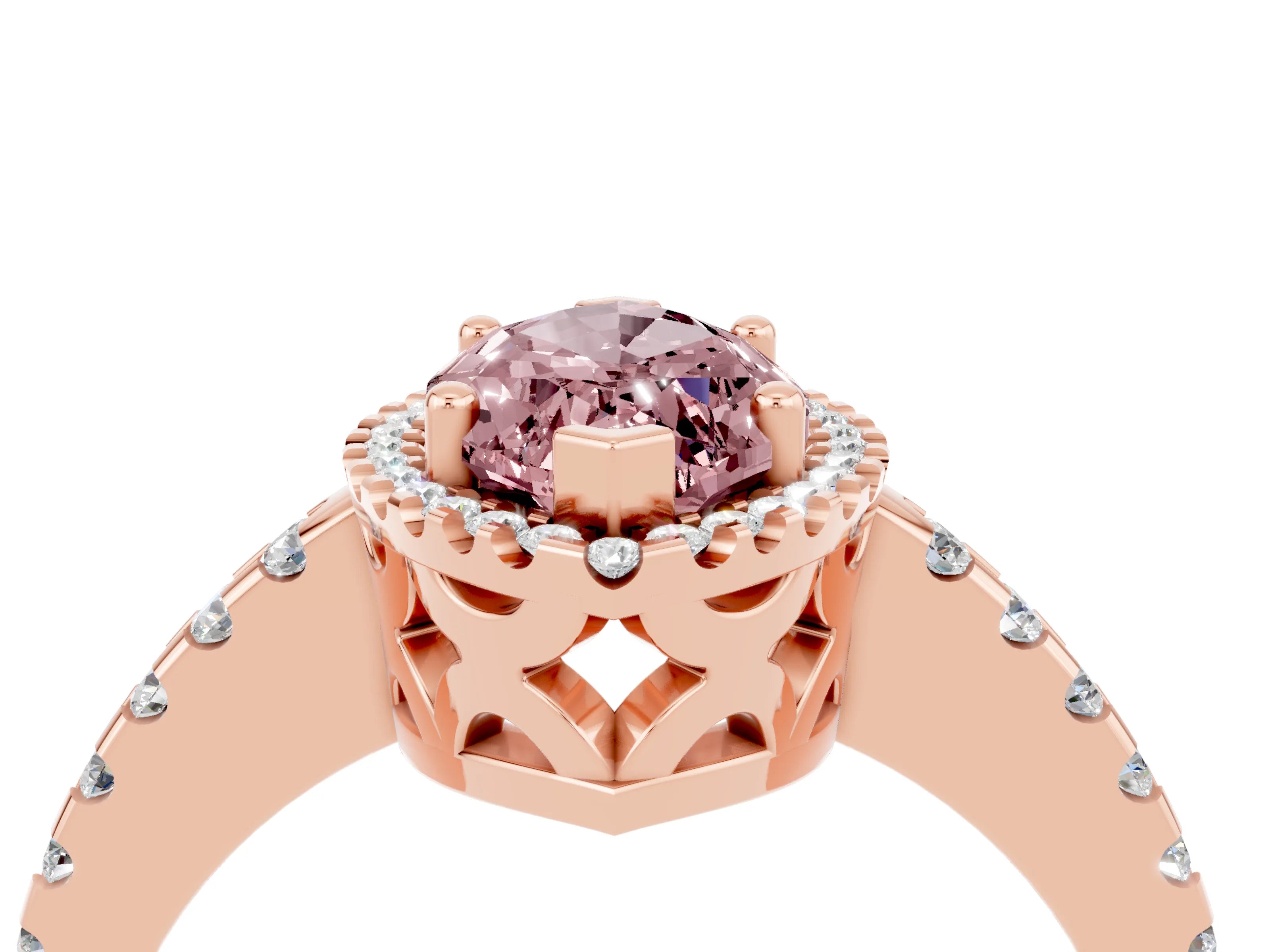 Rose gold Marquise Cut Morganite Halo Engagement Ring with Pavé Band and Prong Setting_16