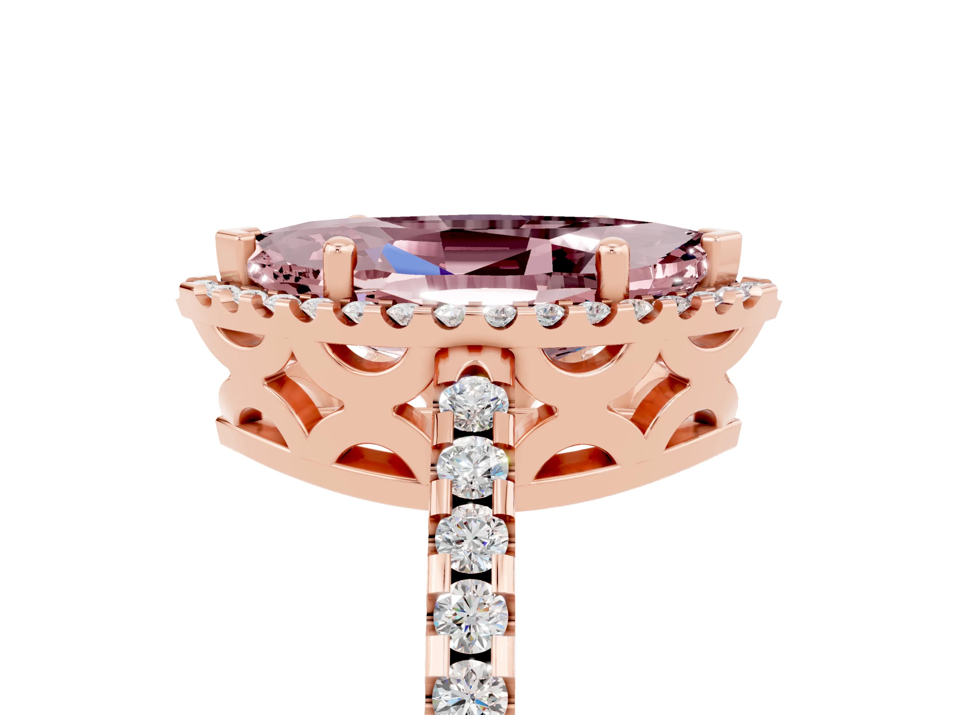 Rose gold Marquise Cut Morganite Halo Engagement Ring with Pavé Band and Prong Setting_17