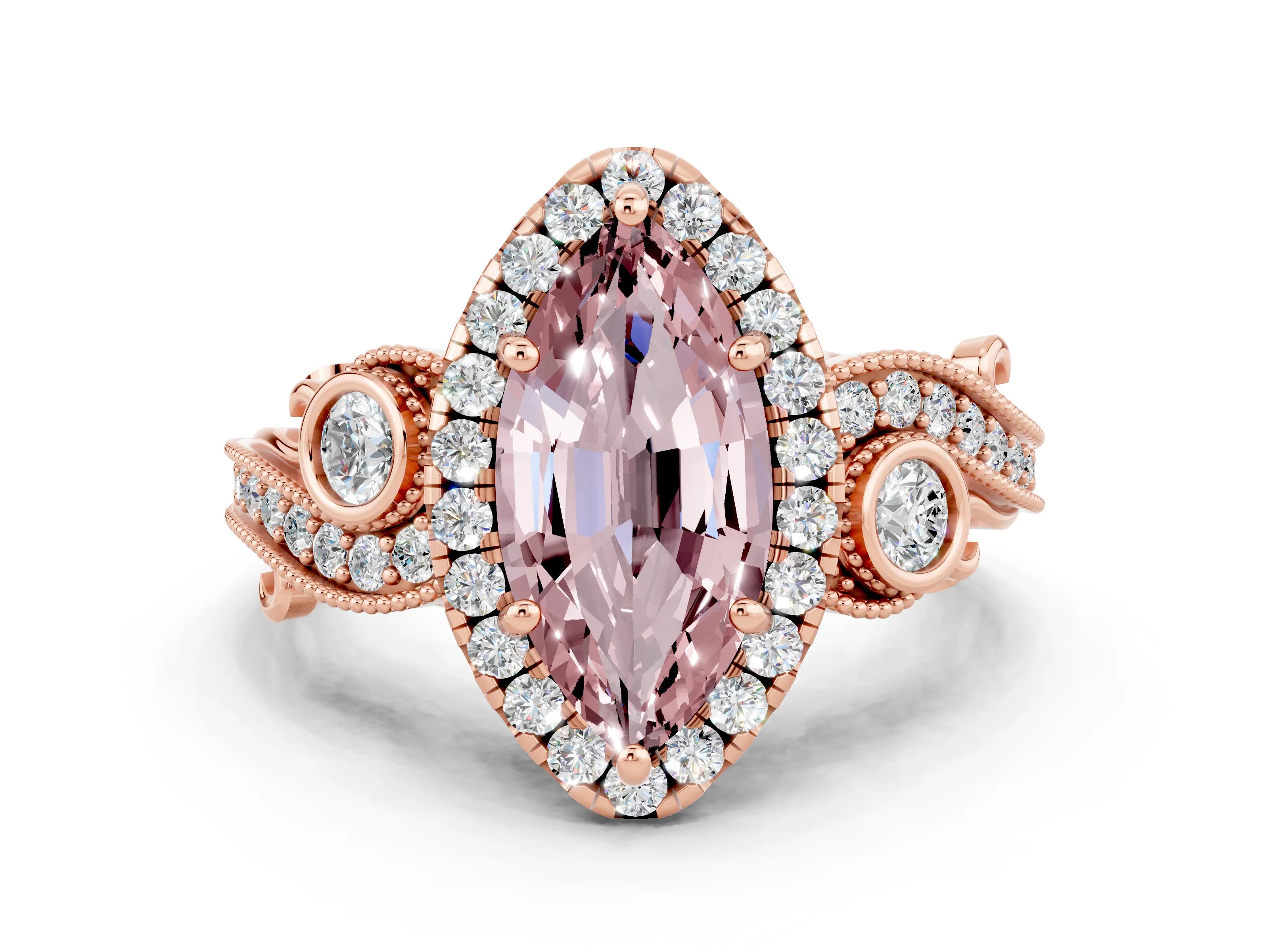 Rose gold Marquise Cut Morganite Halo Ring with Milgrain Pavé Band and Four-Prong Setting_12