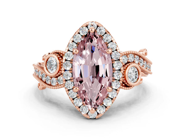 Rose gold Marquise Cut Morganite Halo Ring with Milgrain Pavé Band and Four-Prong Setting